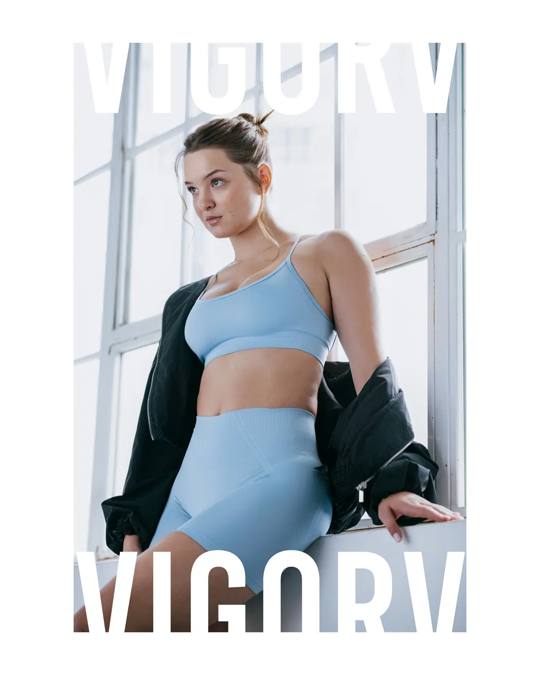 Vigorv athletic apparel editorial, model wearing supportive leggings and a sports bra